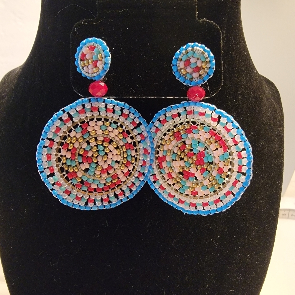 Beaded Multicolor Medallion Disc Dangle Earrings - Picture 5 of 5